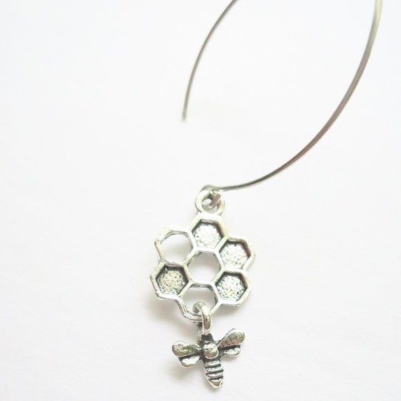 Honeycomb Dangle Bee Threader Earrings Sterling - Picture 7 of 8